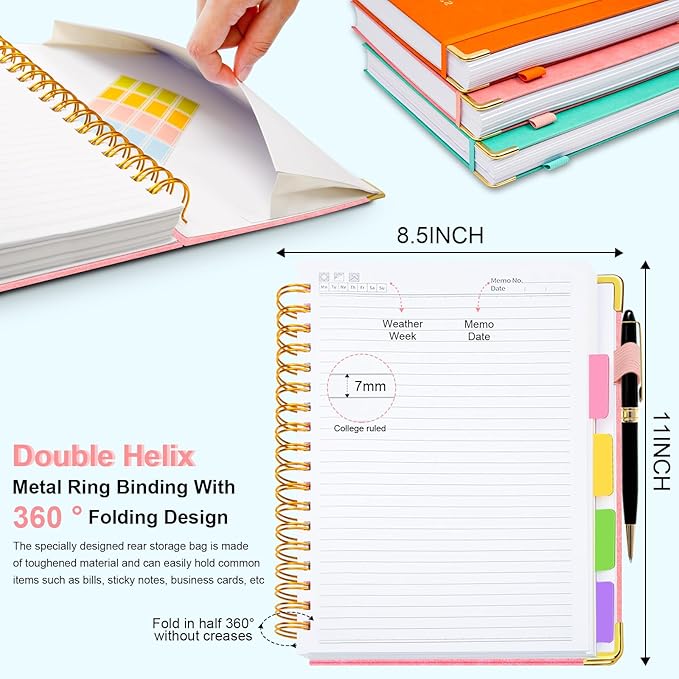 Hardcover Spiral Notebook 8.5"x11" Journal Notebook with Tabs and Removable Dividers 300 Pages 5 Subject Notebook College Ruled, Faux Leather Spiral Bound Notebook for Women School Work(Pink)