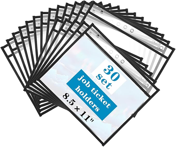 30 Pack Horizontal Job Ticket Holders 8.5"x11", Landscape Plastic Document Holder, Heavy Duty Clear Document Protector Sleeves for Shop, Office & Classroom Reusable Work Order Plastic Sleeves