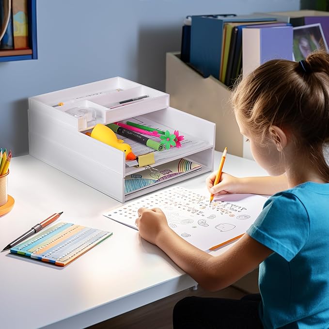 Eufrozy 3 Tier Stackable Letter Tray Paper Organizer, White Desk Paper Tray for Office Desktop Organizing, Cardboard Inbox, File Sorter, A4 Paper Turn in Tray, Document Storage, Mail Holder