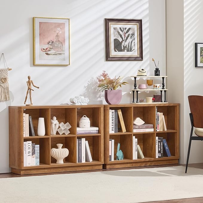 Joaxswe 6 Cube Storage Book Shelf, 40" Wide Low Horizontal Bookcase with Curved Edge, Floor Standing 2-Tier Wooden Bookshelf with Base, Modern Short Book Case for Bedroom, Study, Entryway, Brown