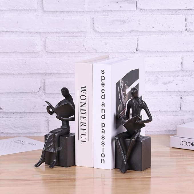 Iron Decorative Bookends,Reading Couple Figurine Bookends for Shelves,Cast Iron Bookends for Heavy Books,Metal Modern Bookends,Unique Couple Statue Book Stoppers,Boho Reader Sculpture Gifts