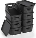 ZFTMRR Plastic Storage Basket with Lid, Stackable Small Box Bins for Organizing and Containers for Shelves Drawers Desktop Closet Playroom Pantry Classroom Office Home, 8 Pack 10.2x7.2x4.1 Inch, Black