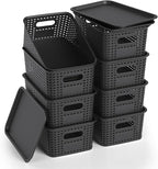 ZFTMRR Plastic Storage Basket with Lid, Stackable Small Box Bins for Organizing and Containers for Shelves Drawers Desktop Closet Playroom Pantry Classroom Office Home, 8 Pack 10.2x7.2x4.1 Inch, Black
