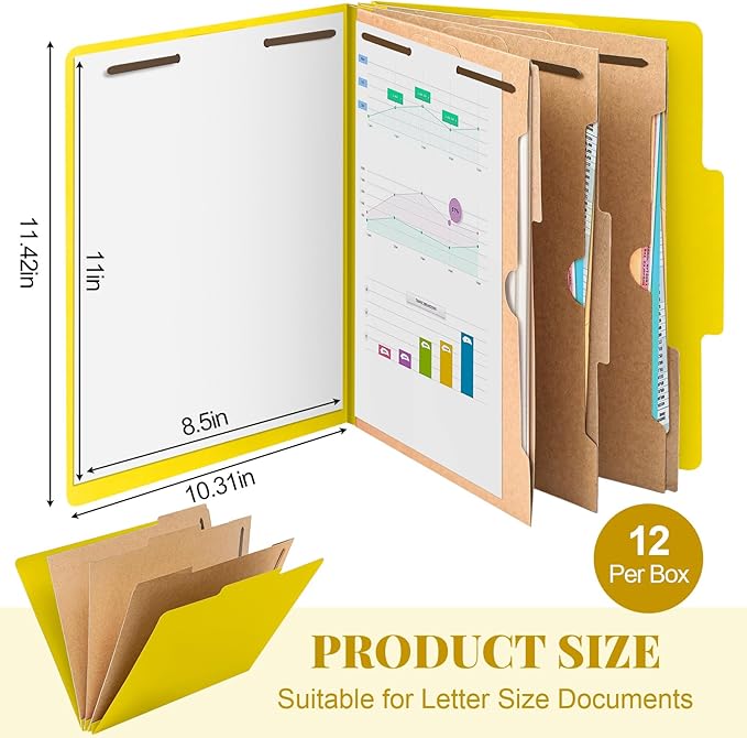 12 Pcs Classification Folders Letter Size 3 Pocket Dividers Employee File Folder with 2 Prongs Fasteners, 2 in Expansion Heavy Duty Pressboard File Holder for School Office Medical Document(Yellow)