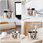 Famame Flowers on Bulldog Head Pencil Holder for Desk, Leather Desktop Container Pen Cup Storage Study Table Pen Organizer Makeup Brush Holder for Classroom Office Home