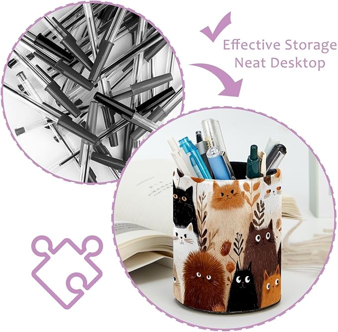 Leather Pen Holder for Desk Abstract Colored Cats Pencil Cup Desktop Organizer Makeup Brush Holders Office Supplies for Home, Kids & School