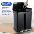 ComfyCorner 16 Gallon Dual Compartment Trash Can, Hands-Free Recycling Rectangular Garbage Bin, Stainless Steel Step-On Dustbin with Soft-Close Lid, Removable Inner Buckets, for Kitchen Home