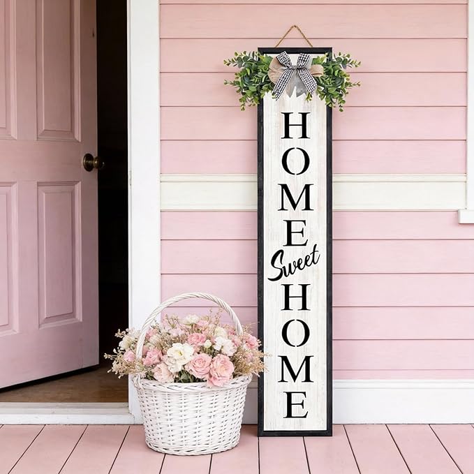 Double-sided Welcome Wooden Sign Stand with Magnetic-adhesive Wreath for Front Door, 47" Vertical Farmhouse Home Sweet Home Porch Sign, 2in1 Large Tall Porch Leaner Decor for Outdoor Patio Garden