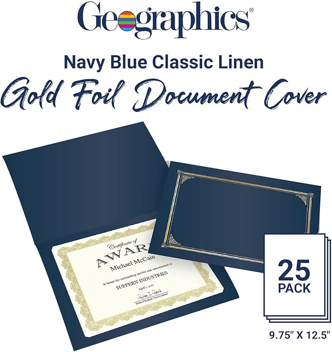 Geographics Classic Linen Document Covers, 12.5” x 9.75”, Navy Blue (25 Pack)