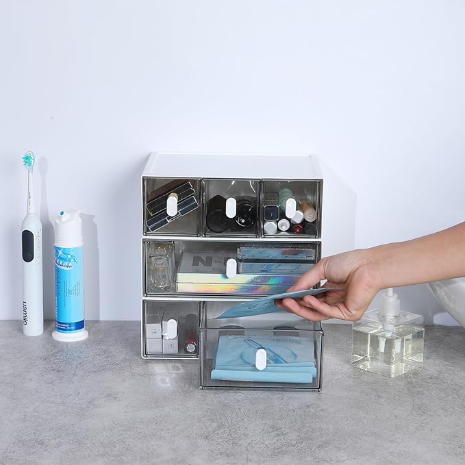OSteed Desktop Drawers, Desk Organizer with 3 Drawers & Upright Handles, Stackable Plastic Storage Box for Home Collection, Cosmetics, Office Supplies (1 Tall Layer, White & Clear)