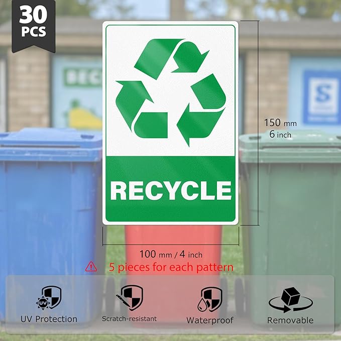 YIKIADA 30 Pack Recycle Stickers for Trash Can Glass Paper Plastic Metal Vinyl Weatherproof Self Adhesive Sign 6 × 4 Inches for Waste Bins Home Business Office