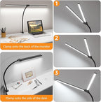 ShineTech Led Desk Lamp for Office Home, Bright Double Head Desk Light with Clamp, Architect Task Lamp 50 Lighting Modes Adjustable Flexible Lamp