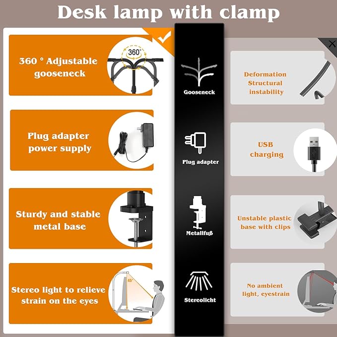 AKRRYR Led Desk Lamp for Home Office,24W Bright Eye-Caring Desk Light with Clamp,5 brightness and 5 temperatures Dimmable Workbench Task Light, Adjustable Gooseneck Table Lamp for Monitor Study(black)