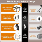 AKRRYR Led Desk Lamp for Home Office,24W Bright Eye-Caring Desk Light with Clamp,5 brightness and 5 temperatures Dimmable Workbench Task Light, Adjustable Gooseneck Table Lamp for Monitor Study(black)
