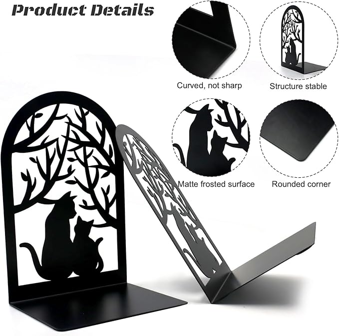 Book Ends, Bookends, Metal Bookend, Cat Decorative Bookends, Bookends for Shelves, Home Decorative Bookends for Heavy Books, Black Non-Skid Book Stopper, 7 x 4.7 x 4 inch (2 Pair)