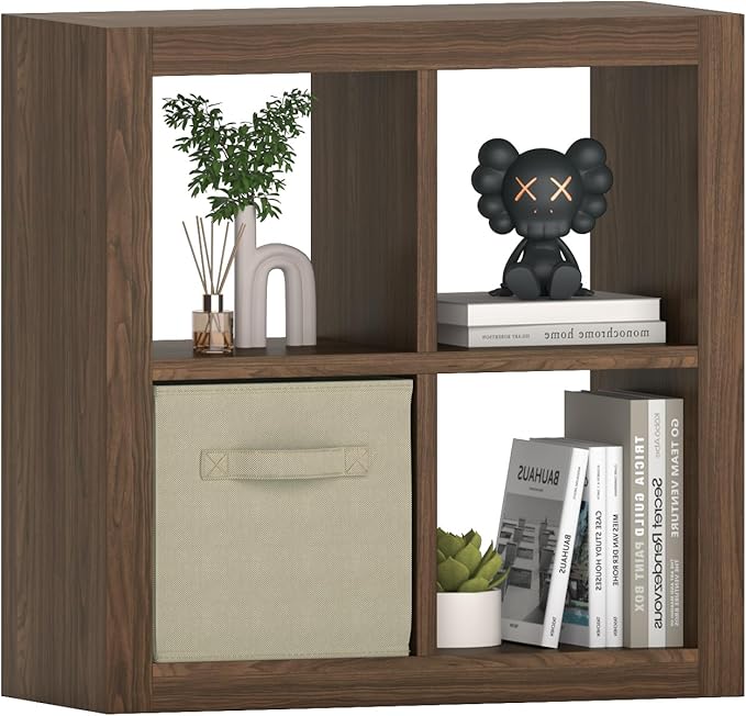 furtble Bookshelf with Storage Bin, 4-Cube Storage Organizer, Modern Wood Open Bookcase, Multifunctional Display Shelf for Living Room, Bedroom, Home Office, Classic Oak
