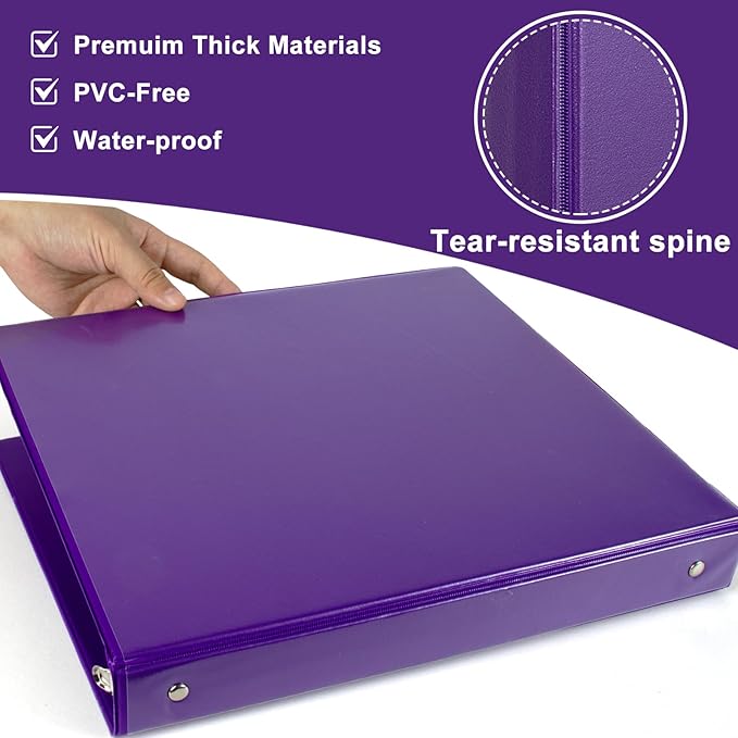 CIXILDTS 1-Inch Round Ring Binder, Standard 3 Ring Binder Fit Letter Size Paper, Presentation View Binders, 6-Pack, Purple