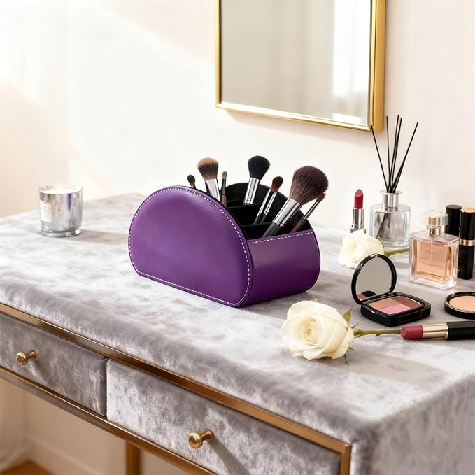 Remote Control Holders Organizer Box with 5 Compartment PU Leather Multi-functional Office Desk Storage Caddy Store Tv Remote for Media Player,Brush,Pencil,Glassees&Office Supplies (Dark Purple)