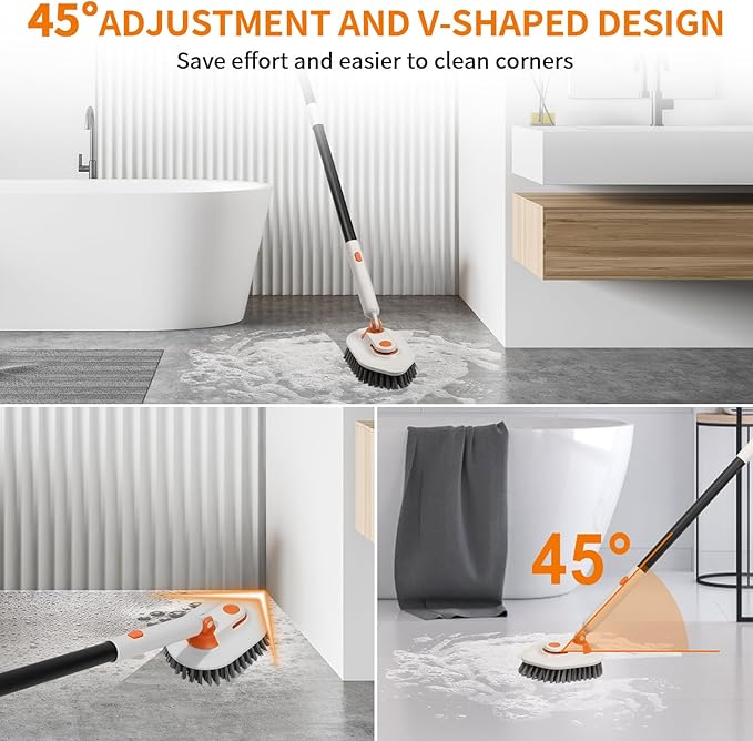 Calzzle Bathroom Scrub Brush with Long Handle, 3-in-1 Tub and Tile Cleaner with 5 Replaceable Heads for Shower, Floor & Wall Cleaning