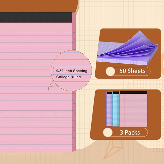 3 Pack Legal Pads 8.5 X11, College Ruled Notebook, 150 Sheets Colored Note Pad, Writing Pads 8.5x11, Tear Off Notepad, Lined Paper, Notebook Paper for Office Home School, 50 Sheet/Pad