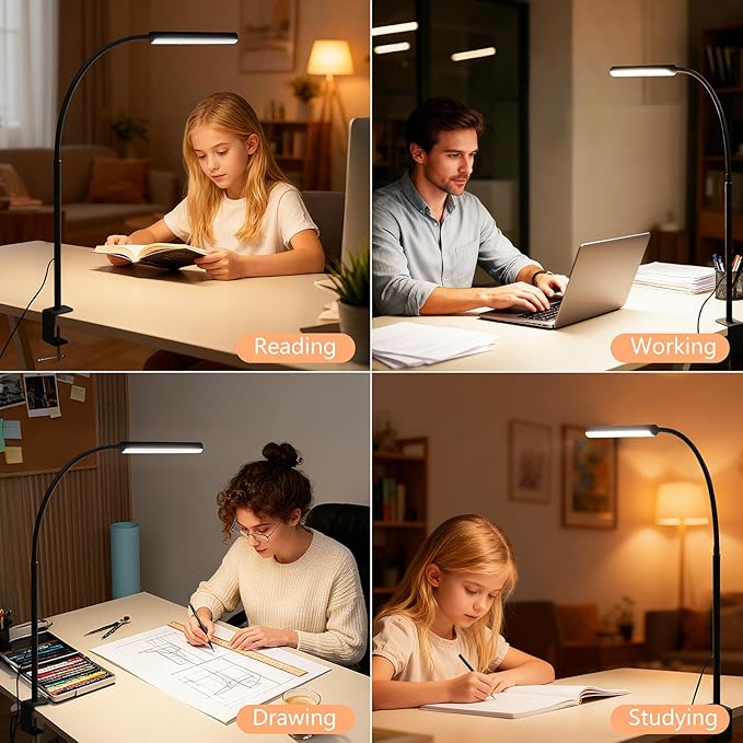 FAPEMIH LED Desk Lamp for Office Home, Adjustable Flexible Eye-Caring Desk Light with,5 Modes 10 Brightness Adjustment, USB Adapter Desk Lamp with Clamp-MINI-B