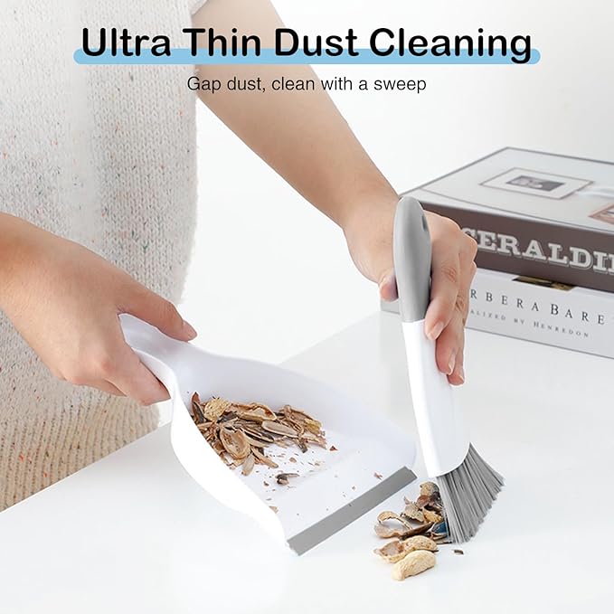 NACENA Mini Dustpan and Brush Set 2 Pack, Small Broom and Dustpan Set Dust Pan and Mini Hand Broom Dustpan and Broom Combo Compact for Home Table Keyboards Sofa Kitchen, White & Gray
