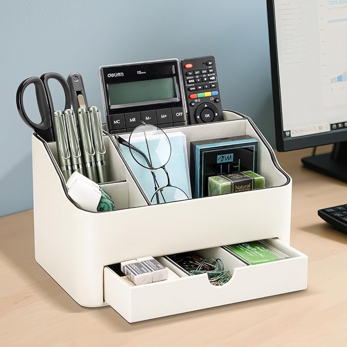 KINGFOM PU Leather Desk Organizer with Drawer, 5 Compartments Desktop Storage Caddy for Office Home Supplies, Pen Holder for Remote Control, Phone & Accessories, Mail Organizer Countertop Ivory White