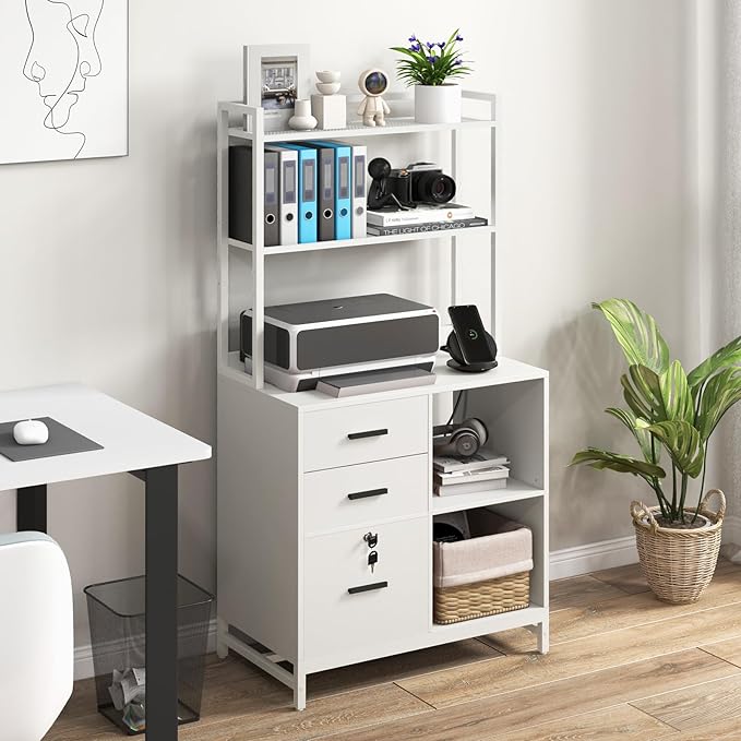 Livofloral Vertical File Cabinet with Charging Station, Filing Cabinets for Home Office, Large Printer Stand with Open Storage Shelves, 3 Drawer Filing Cabinet with Lock fits Letter/A4 Size, White