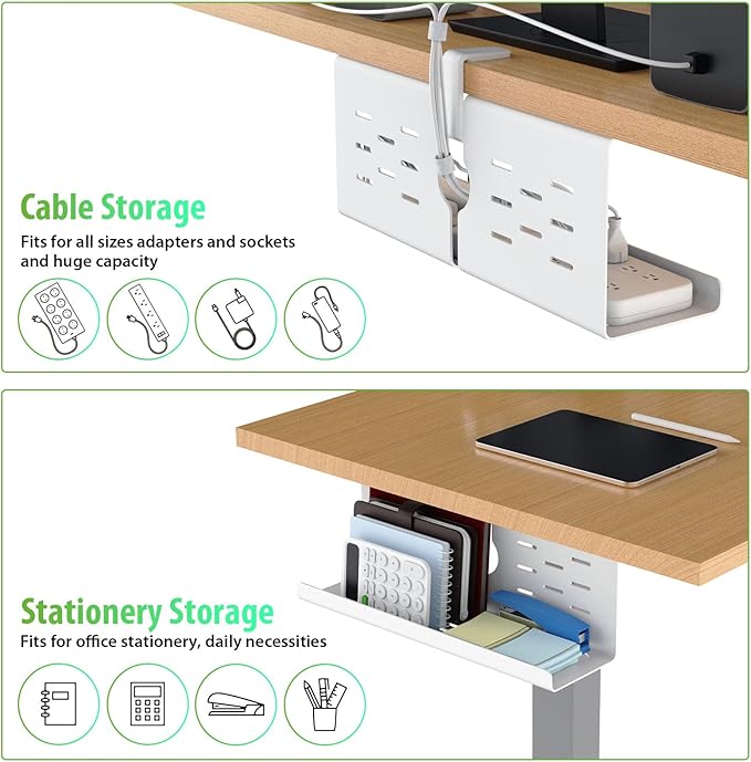 KEEGH 16'' Under Desk Cable Management Tray, Drill Free Clamp/Screws Mount, Sturdy Metal Cable Tray for Place Power Strip, Cord Management Tray Rack, Home, Office, White