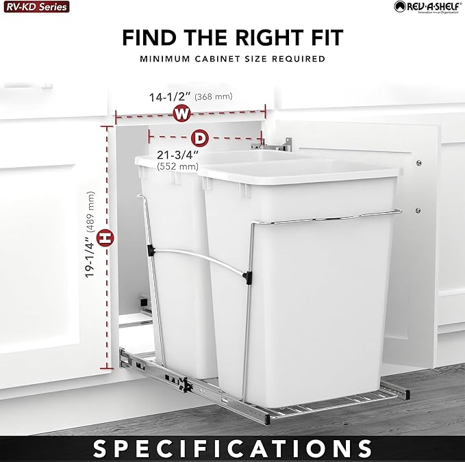 Rev-A-Shelf RV-18KD-2218C-S Double Pullout Trash Cans for Kitchen Cabinets 35 Quart Garbage Recycling Bin on Full Slides, Blue/Black