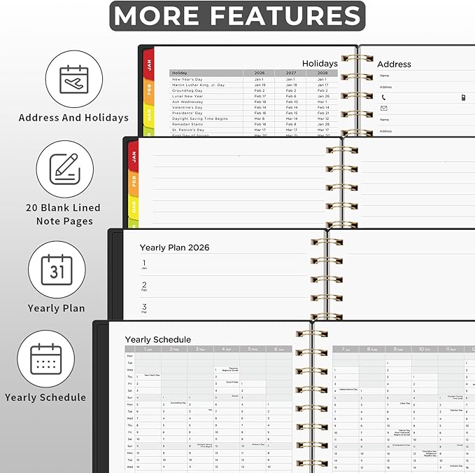 EMSHOI 2026 Planner Weekly and Monthly, Week on One Page with Notes, A5 (5.7"x8.3"), Jan-Dec 2026 Calendar Agenda with Monthly Tabs, Note Pages, 100GSM Thick Paper, Flexible Cover, Black