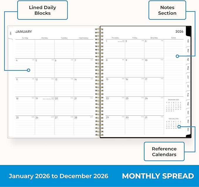 Blue Sky 2026 Weekly and Monthly Planner Calendar, January 2026 - December 2026, 8.5" x 11", Clear Pocket Cover, Laminated Tabs, Durable Twin Wire Binding, Storage Pocket, Baccara Dark