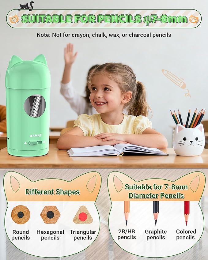 AFMAT Electric Pencil Sharpener, Fully Automatic Pencil Sharpener for φ7-8mm No.2/Colored Pencils, Auto in & Out, Rechargeable & Cordless, Hands-Free Colored Pencil Sharpeners for Classroom Home PSX9