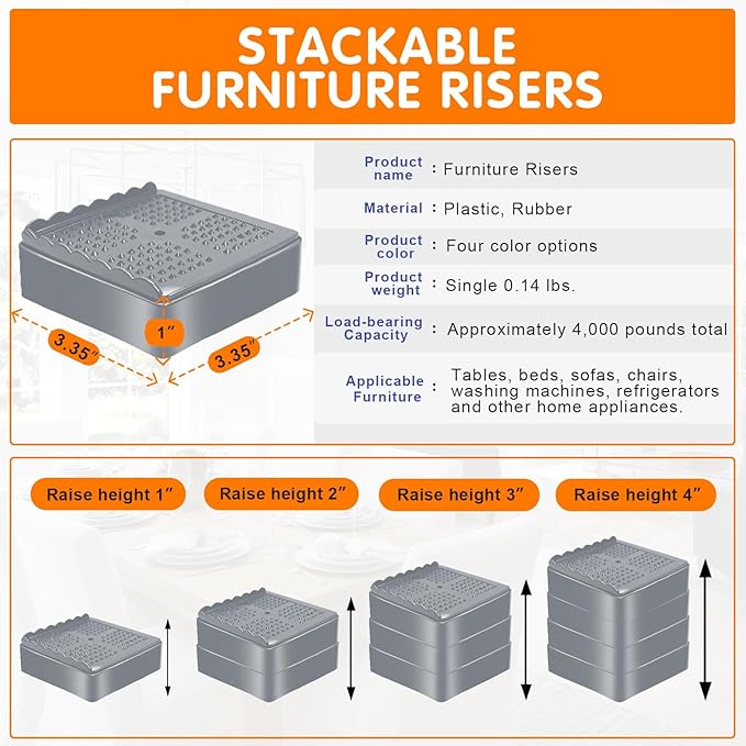 shouwuhho Furniture Risers, 12 Pack Bed Risers with Non-Slip Grip and Heavy Duty Support, 1 Inch 2 Inch 3 Inch 4 Inch Height Lift for Couch, Sofa, Table, Desk, Chair, Refrigerator - Gray, 1 Inch