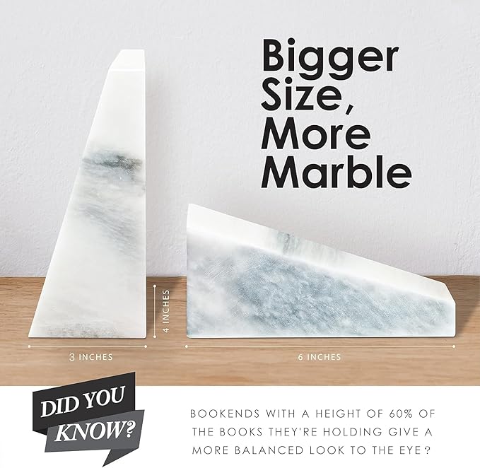 Ottimo Polished Heavy Stone Marble 6" Book Ends for Bookshelf Decor, Home, Office or Kitchen Shelves. Heavy, Triangular, and Decorative Book Stopper with Anti-Slip Pads, Great Gift Idea (White)