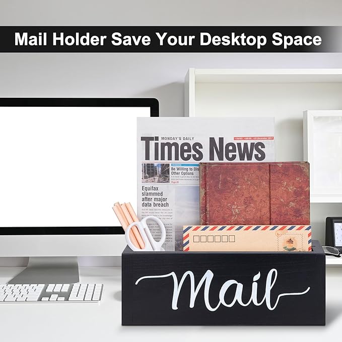 Lucundm Desk Mail Organizer, Mail Organizer Countertop, Wood Desk Mail Storage Box, Envelop Holder for Home Office (Black-2 slot)