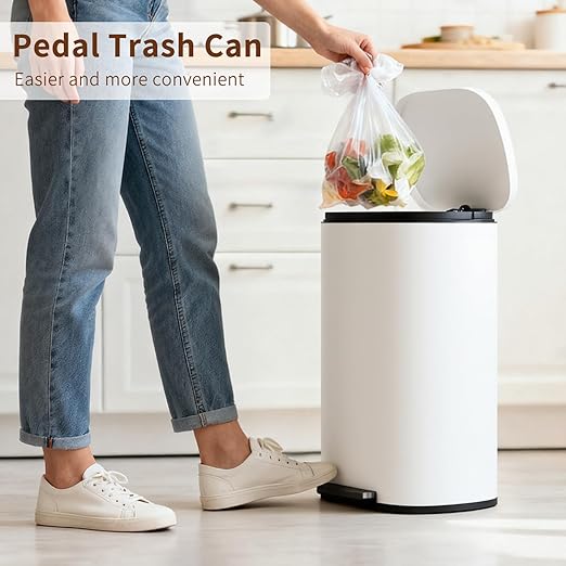 PayLessHere Stainless Steel Trash Can with Lid - Removable Inner Bucket, Foot Pedal Soft Close for Office, Home, Kitchen (White, 13 G)