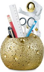 Kimdio Pen Holder, Astronaut Stand for Desk Pencil Holder, Resin Desk Moon Organizer Decorative Accessories Ideal Gift for Office, Classroom, Home - Gold
