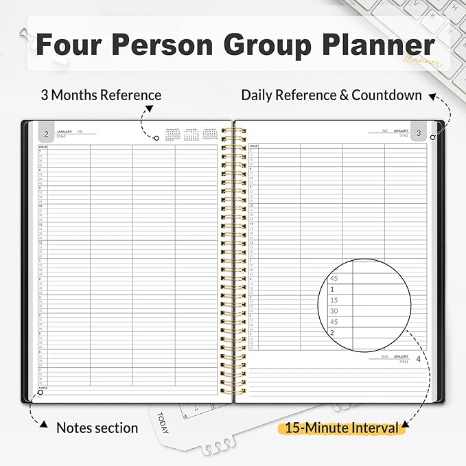 SUNEE 2026 Daily Planner, 4-Person Group Appointment Book with Quarter-Hourly Layout. Weekly & One-Page-Per-Day Format, Jan to Dec 2026, 8.5"x11",Weekly Planner, Flexible Cover, Note Pages, Bookmark, Black