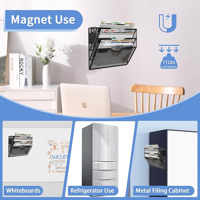 LQPAFZ 3-Tier Magnetic File Holder, No Drilling Installation File Cabinet Organizer, Black Magnetic File Organizer, Magazine Rack, Magnetic Paper Holder for Refrigerator, File Cabinets, Whiteboard