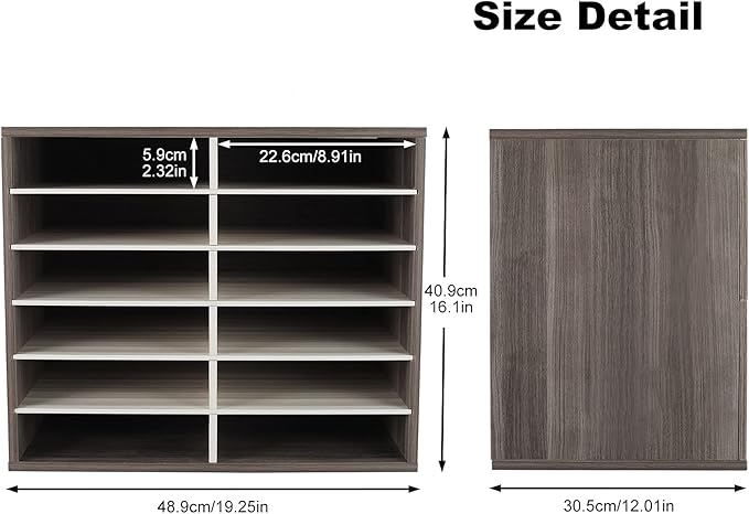 TQVAI Wood Literature Organizer, 12 Slots Hold 6000 Sheets A4 Papers, Wooden Desk Paper File Storage Organizer with Adjustable Shelves, Mailbox Cubbies for Office Home Classroom, Retro Grey/White