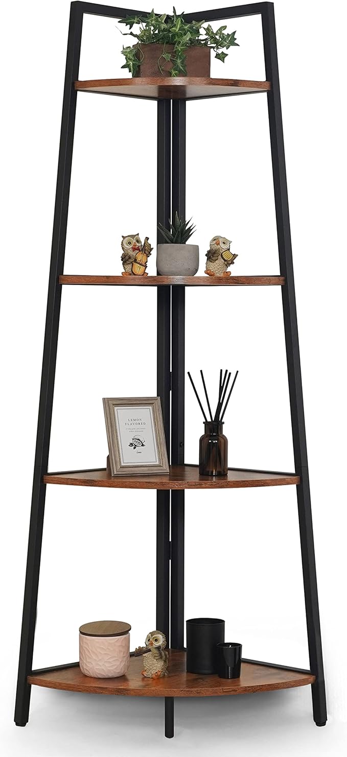 CAPHAUS Tall Corner Shelf Stand, 4-Tier Display Shelves, Ladder Corner Wood Storage Plant Bookshelf with Metal Frame, Versatile Shelving Unit Bookcase for Home Office Space, Rustic Oak