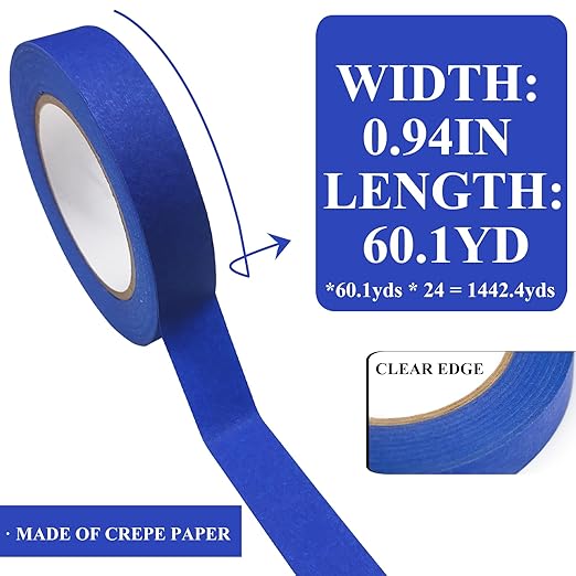 SmaringRobot Blue Masking Tape, Painters Tape, Painting Tape (1442.4yd=0.94IN*60.1yd*24), Original Multi-Surface Easy Removal Paint Tape with Medium Adhesive Backing for Indoor Outdoor Use, 24 Rolls