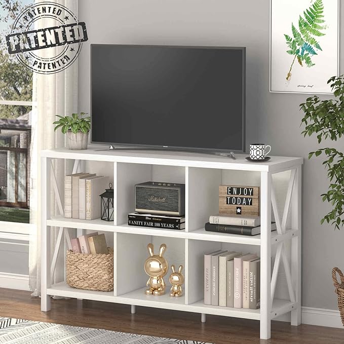 FATORRI 6 Cube Storage Organizer with Shelf, 47 Inch Long Horizontal Bookshelf, Wood and Metal Cube Bookcase, Low Book Shelf for Living Room, Home Office (White Oak)