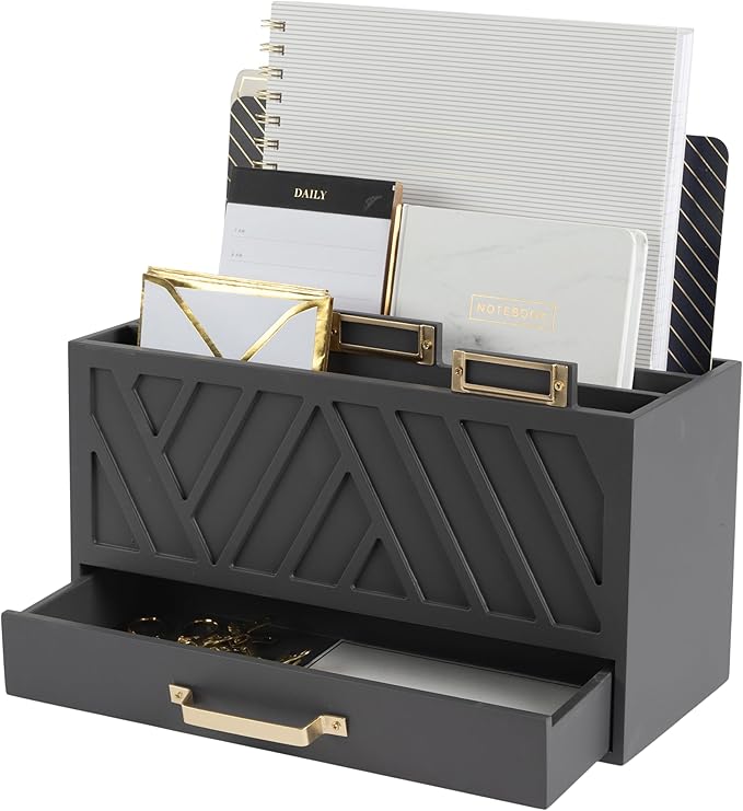 BLU MONACO | Grey Three-Tier Desktop Mail Organizer with Gold Label Holders & Drawer | Stylish Mail Holder and Countertop Document Storage for Home or Office