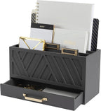 BLU MONACO | Grey Three-Tier Desktop Mail Organizer with Gold Label Holders & Drawer | Stylish Mail Holder and Countertop Document Storage for Home or Office