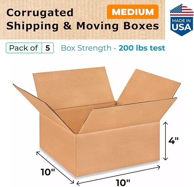 Medium Moving & Shipping Boxes 10 x 10 x 4 inches (5-Pack) - Extra Strength 200 lb vs Regular - Corrugated Cardboard Boxes for USPS/FEDEX - Medium Box - Corrugated Cardboard Box by IDL Packaging