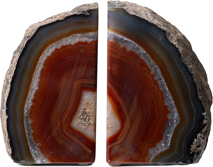 Nature's Decorations Agate Bookends - A Quality Brown Geode with Non-Skid Rubber Bumpers for Shelves, Office, Home Decor - Heavy Duty Cool Crystal Stone (4-6 LB)