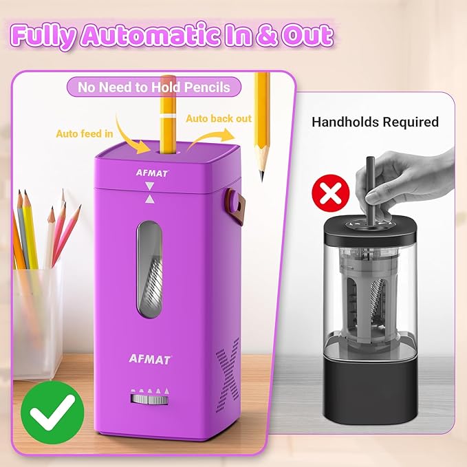 AFMAT Electric Pencil Sharpener, Fully Automatic Pencil Sharpener, Auto in & Out, Rechargeable Hands-Free Sharpeners for Jumbo & Colored Pencils (6.5-12mm), Portable for Home/Classroom/Office PSC6