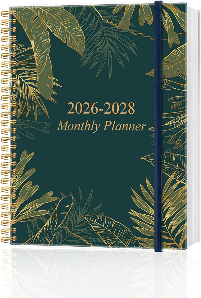 2026-2028 Monthly Planner, Three Years Calendar from January 2026 - December 2028 with Spiral Binding, Inner Pocket, Elastic Closure, 38 Month Planner for Home | School | Office, 8.5" x 11", Green Gold Leaf
